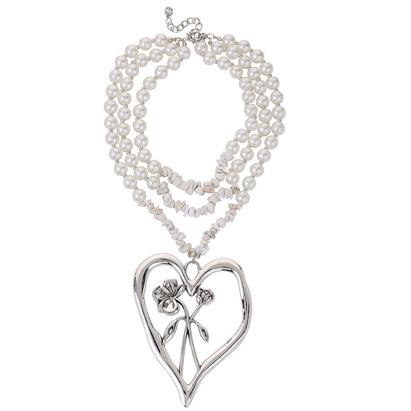Commute Heart Shape Flower Imitation Pearl Alloy Howlite Knitting Women's Three Layer Necklace display picture 9