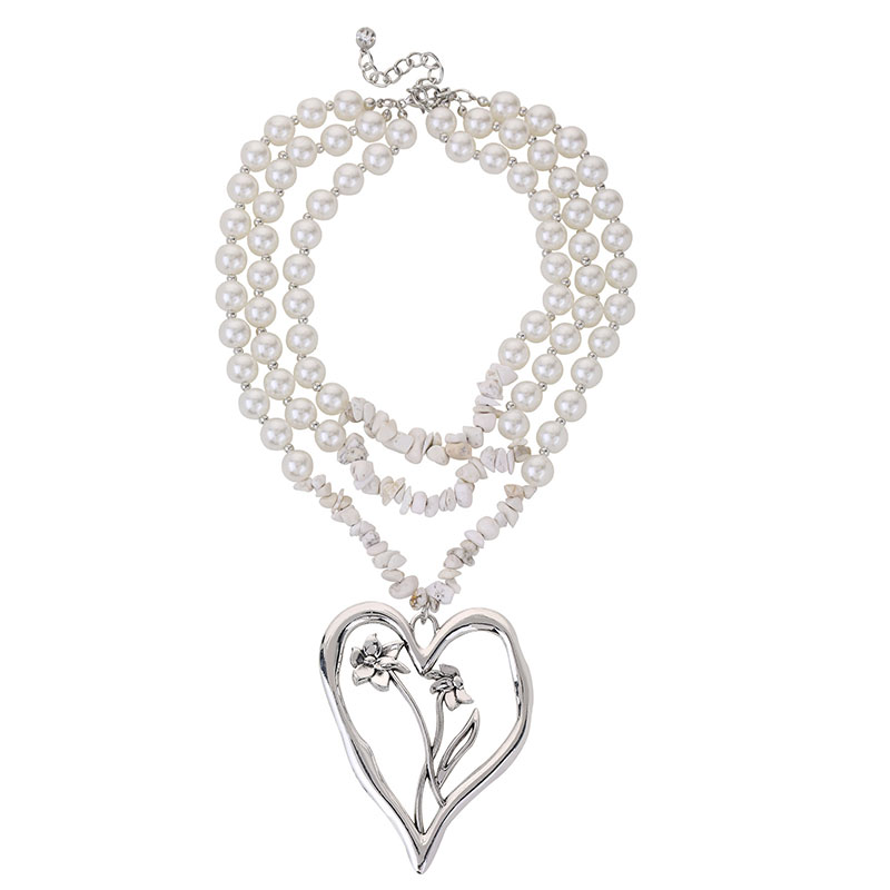 Commute Heart Shape Flower Imitation Pearl Alloy Howlite Knitting Women's Three Layer Necklace display picture 4