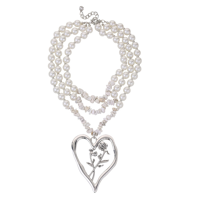Commute Heart Shape Flower Imitation Pearl Alloy Howlite Knitting Women's Three Layer Necklace display picture 2