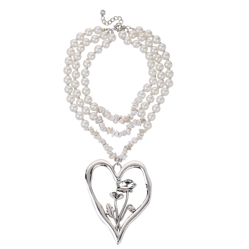 Commute Heart Shape Flower Imitation Pearl Alloy Howlite Knitting Women's Three Layer Necklace display picture 3