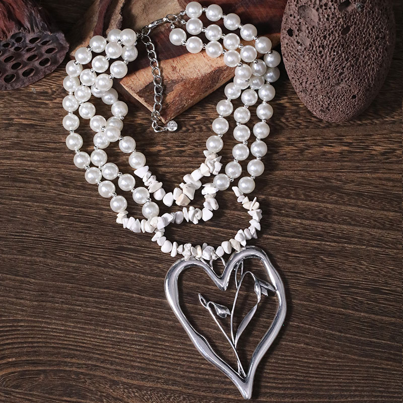 Commute Heart Shape Flower Imitation Pearl Alloy Howlite Knitting Women's Three Layer Necklace display picture 21