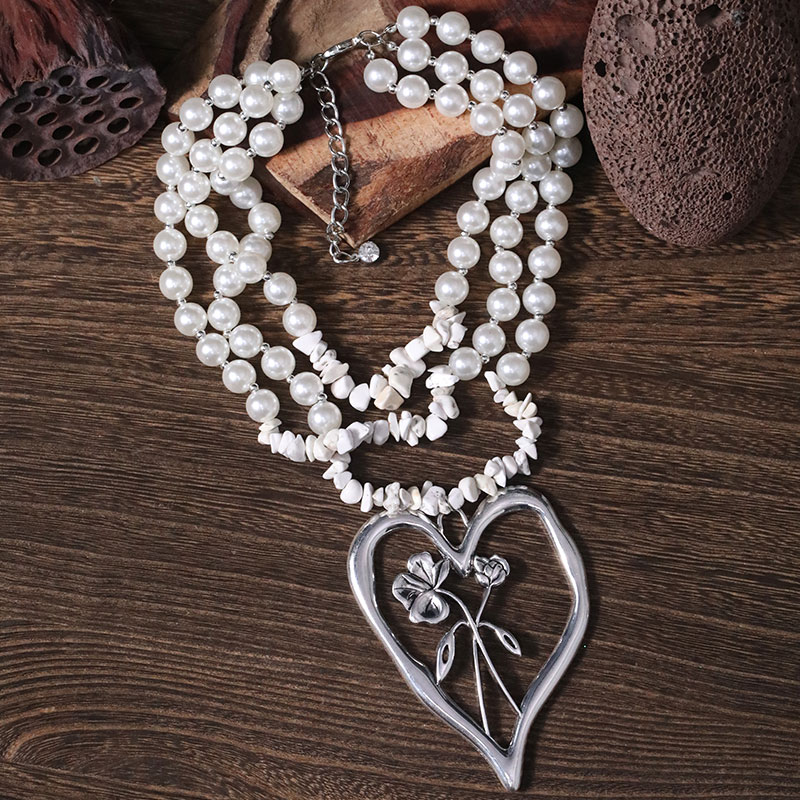 Commute Heart Shape Flower Imitation Pearl Alloy Howlite Knitting Women's Three Layer Necklace display picture 23