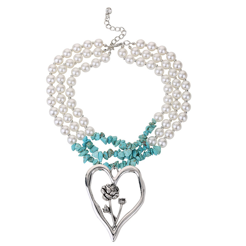 Simple Style Commute Heart Shape Imitation Pearl Alloy Turquoise Knitting Women's Three Layer Necklace display picture 12