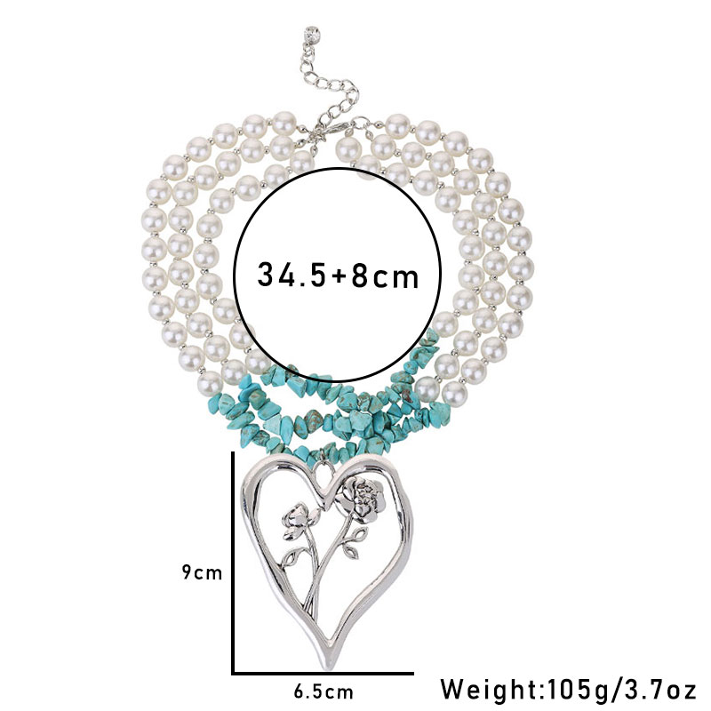 Simple Style Commute Heart Shape Imitation Pearl Alloy Turquoise Knitting Women's Three Layer Necklace display picture 13