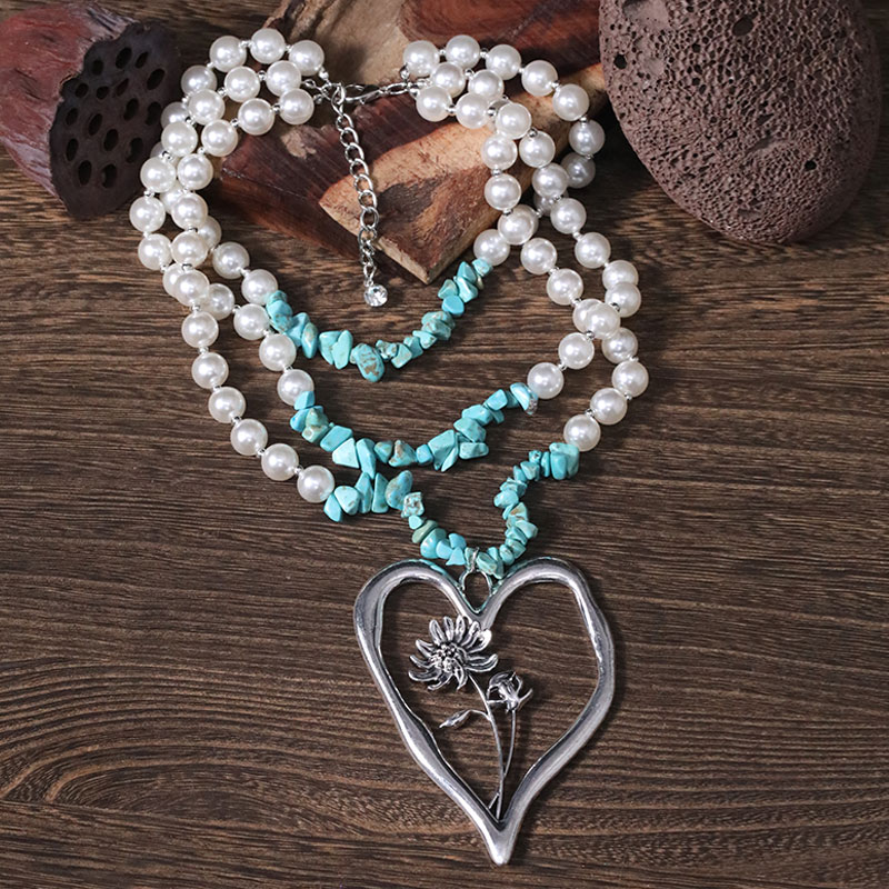 Simple Style Commute Heart Shape Imitation Pearl Alloy Turquoise Knitting Women's Three Layer Necklace display picture 14