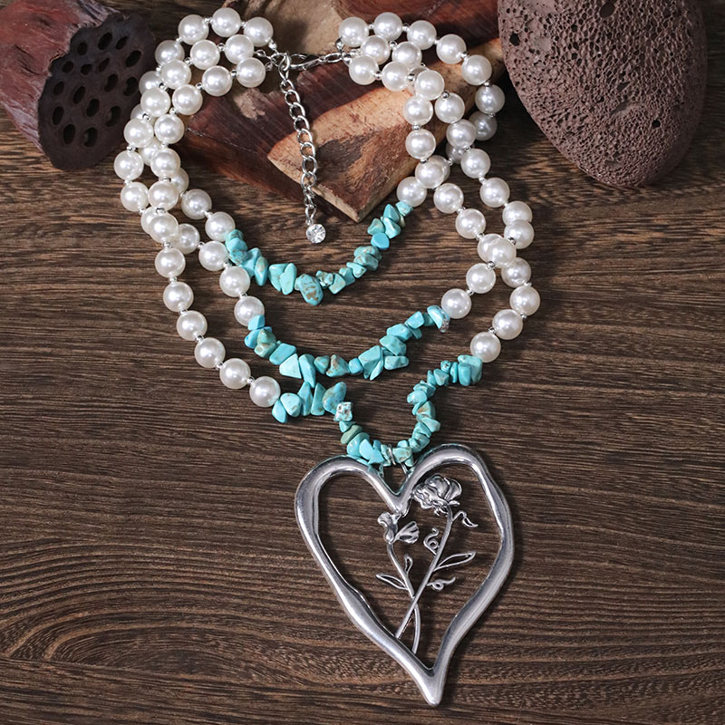 Simple Style Commute Heart Shape Imitation Pearl Alloy Turquoise Knitting Women's Three Layer Necklace display picture 15