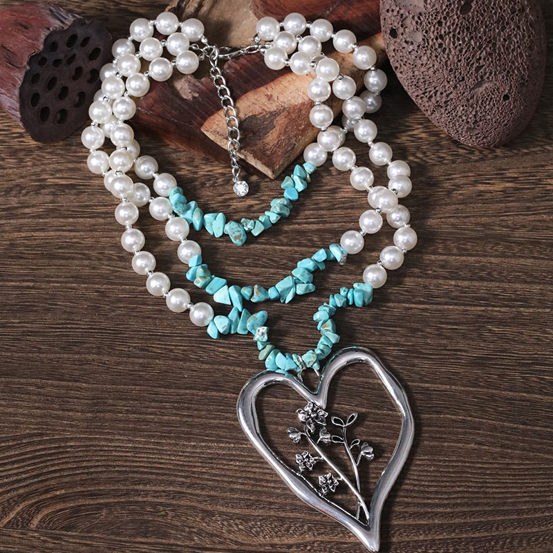 Simple Style Commute Heart Shape Imitation Pearl Alloy Turquoise Knitting Women's Three Layer Necklace display picture 16