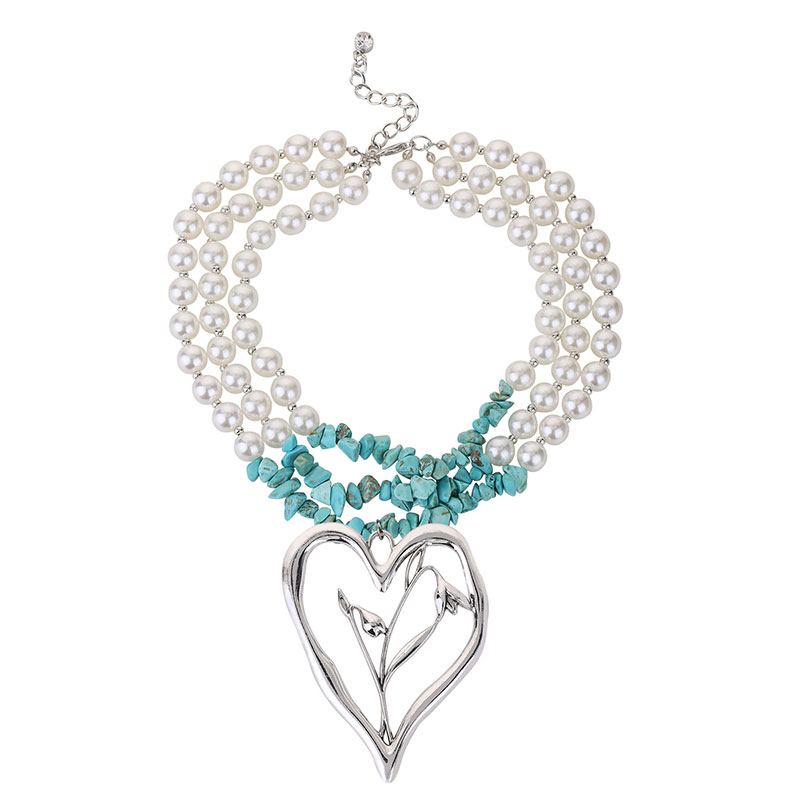 Simple Style Commute Heart Shape Imitation Pearl Alloy Turquoise Knitting Women's Three Layer Necklace display picture 1