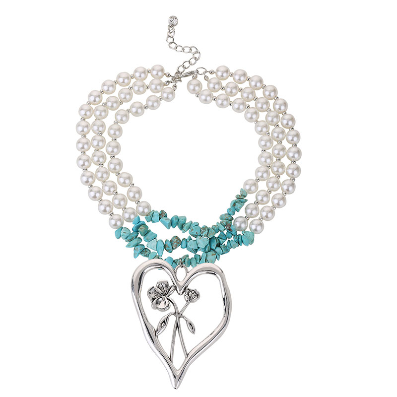 Simple Style Commute Heart Shape Imitation Pearl Alloy Turquoise Knitting Women's Three Layer Necklace display picture 2