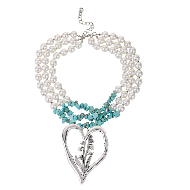 Simple Style Commute Heart Shape Imitation Pearl Alloy Turquoise Knitting Women's Three Layer Necklace display picture 5