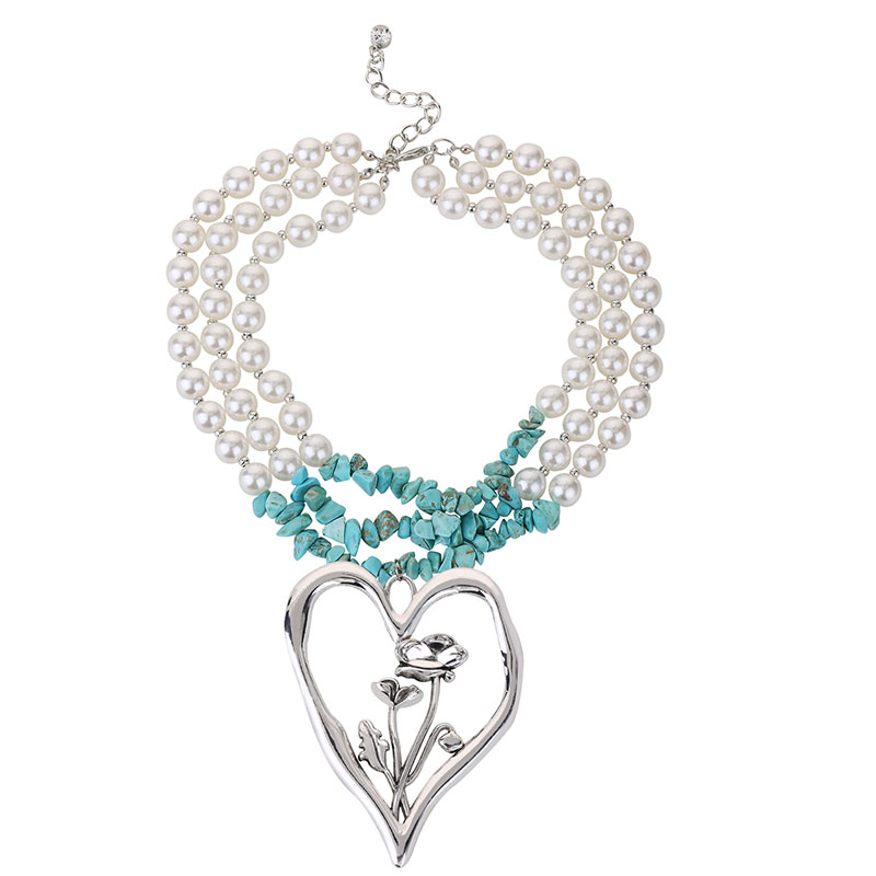 Simple Style Commute Heart Shape Imitation Pearl Alloy Turquoise Knitting Women's Three Layer Necklace display picture 8
