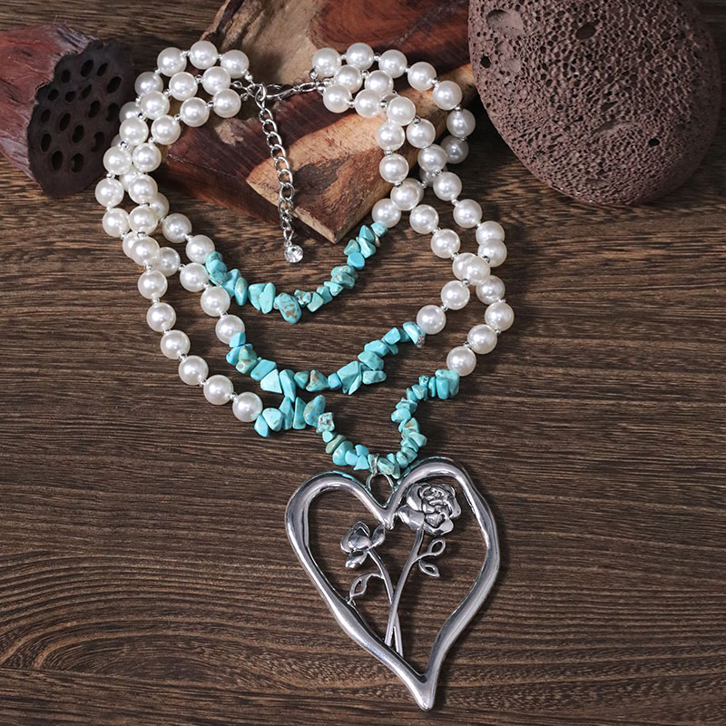 Simple Style Commute Heart Shape Imitation Pearl Alloy Turquoise Knitting Women's Three Layer Necklace display picture 17