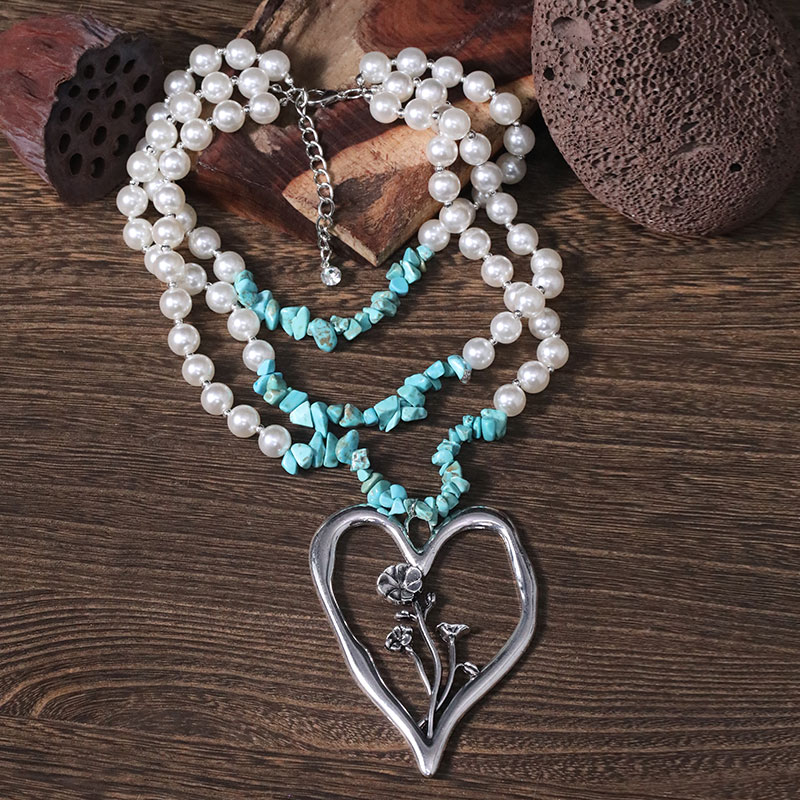 Simple Style Commute Heart Shape Imitation Pearl Alloy Turquoise Knitting Women's Three Layer Necklace display picture 18