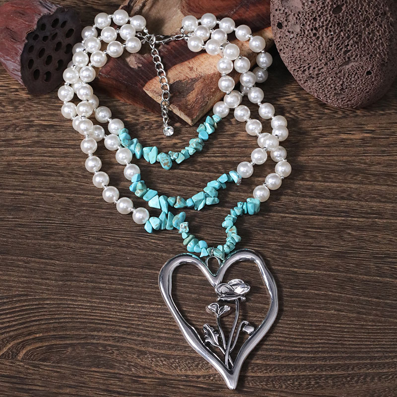 Simple Style Commute Heart Shape Imitation Pearl Alloy Turquoise Knitting Women's Three Layer Necklace display picture 21
