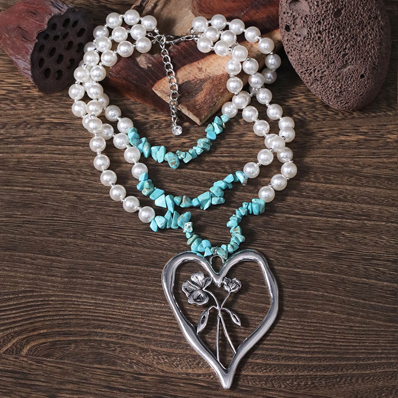 Simple Style Commute Heart Shape Imitation Pearl Alloy Turquoise Knitting Women's Three Layer Necklace display picture 20