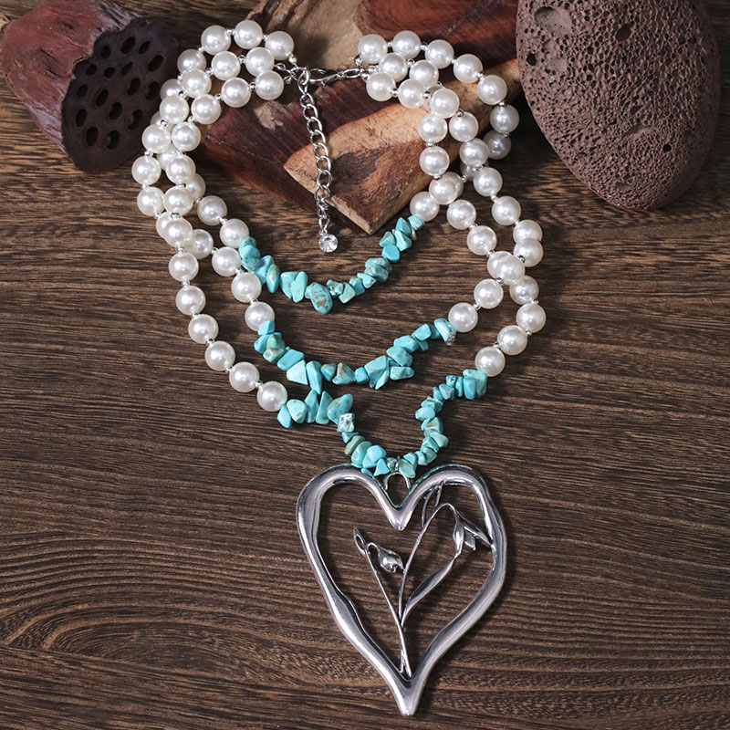 Simple Style Commute Heart Shape Imitation Pearl Alloy Turquoise Knitting Women's Three Layer Necklace display picture 24