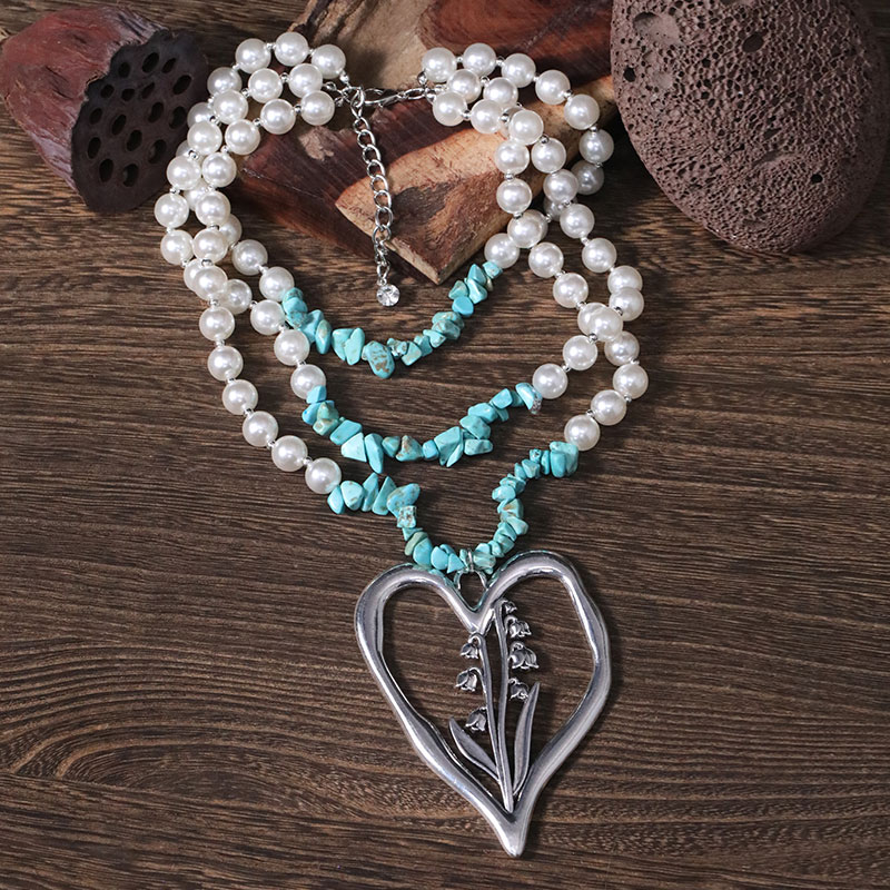 Simple Style Commute Heart Shape Imitation Pearl Alloy Turquoise Knitting Women's Three Layer Necklace display picture 19