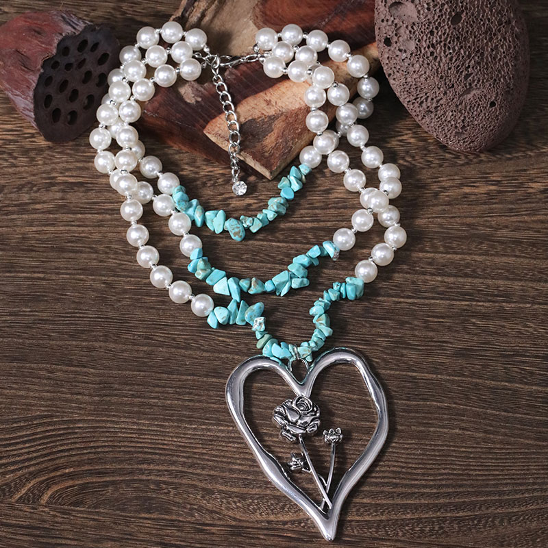 Simple Style Commute Heart Shape Imitation Pearl Alloy Turquoise Knitting Women's Three Layer Necklace display picture 25