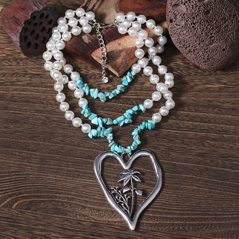 Simple Style Commute Heart Shape Imitation Pearl Alloy Turquoise Knitting Women's Three Layer Necklace display picture 22