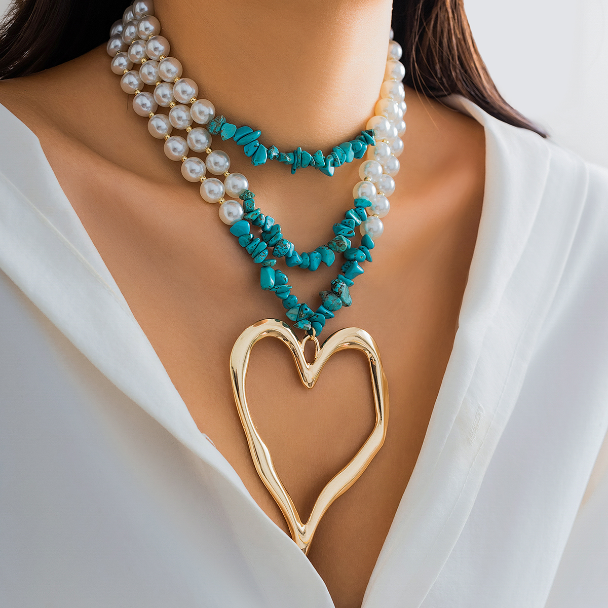 Retro Exaggerated Cool Style Irregular Round Heart Shape Imitation Pearl Alloy Turquoise Beaded Layered Women's Layered Necklaces display picture 2