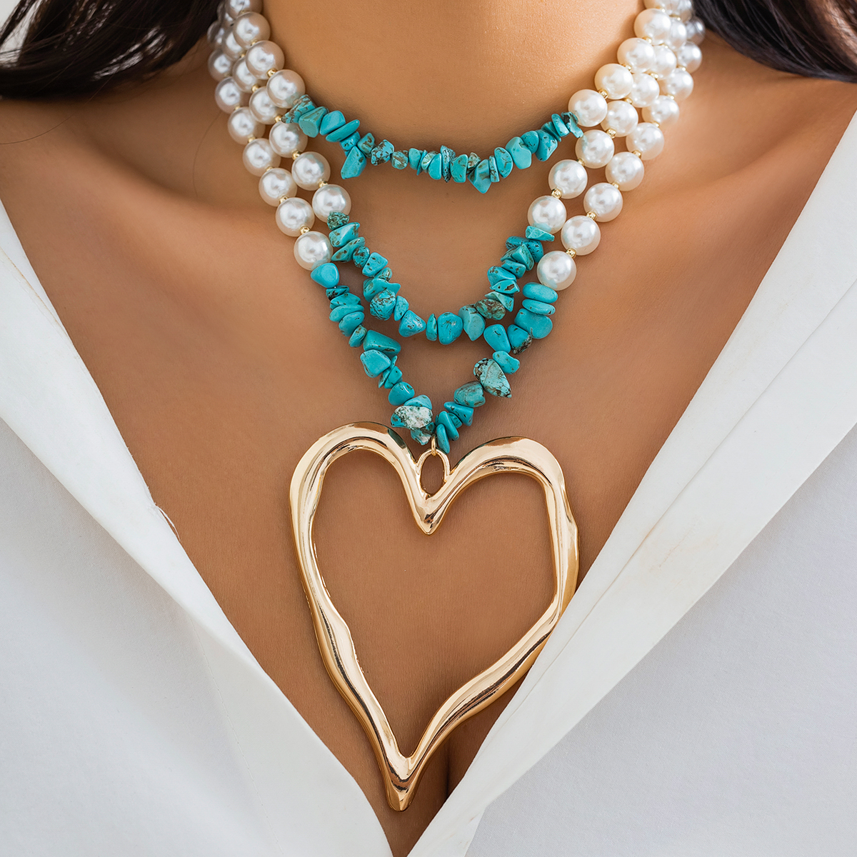 Rétro Exagéré Style Cool Irrégulier Rond Forme De Cœur Perle D'imitation Alliage Turquoise Perlé Couches Femmes Collier En Couches display picture 6