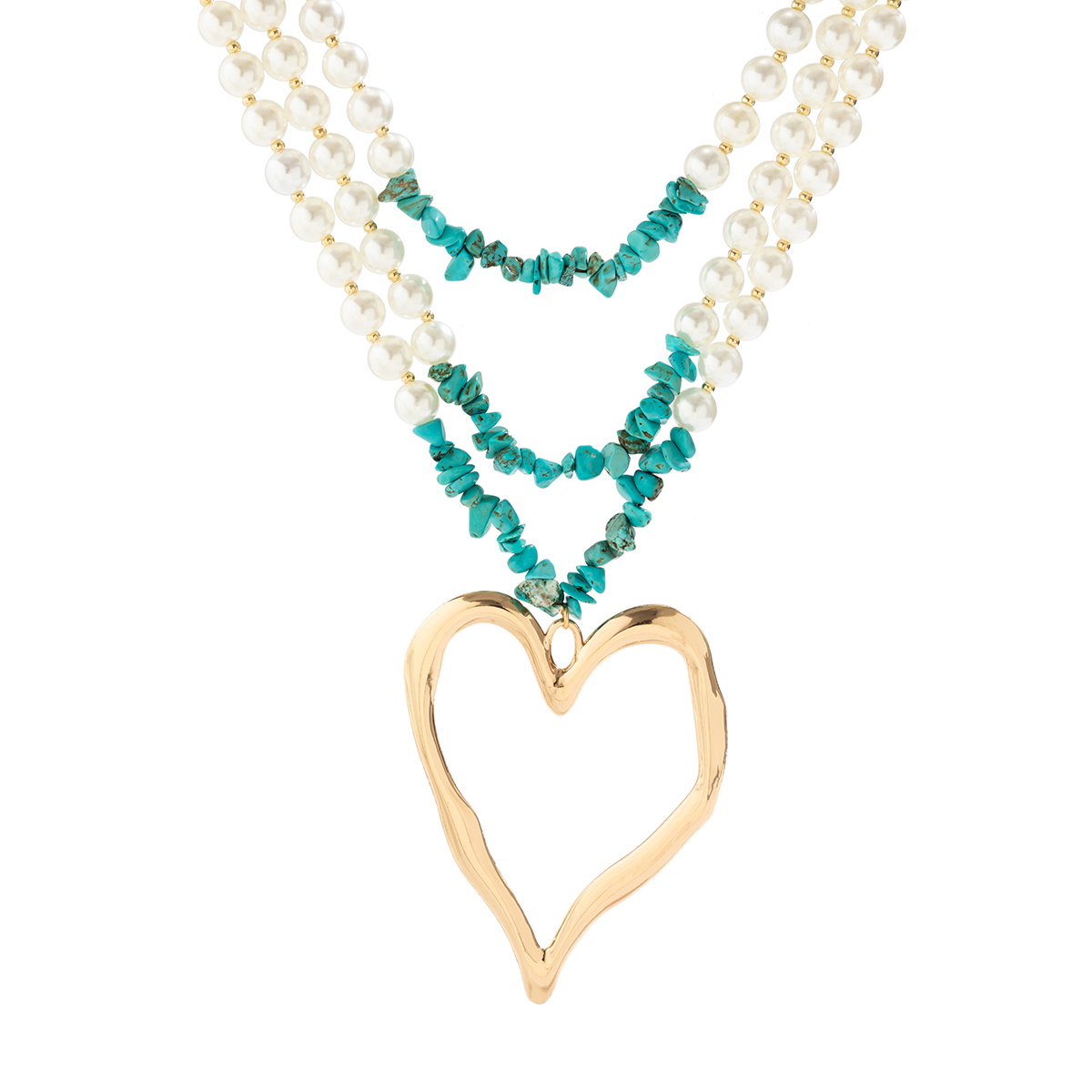 Retro Exaggerated Cool Style Irregular Round Heart Shape Imitation Pearl Alloy Turquoise Beaded Layered Women's Layered Necklaces display picture 4