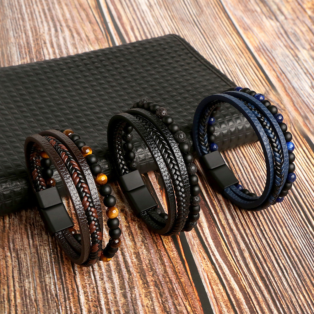 Casual Vacation Round Pu Leather Alloy Natural Stone Beaded Handmade Men's Bracelets display picture 1