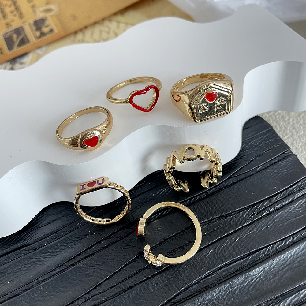 6 Pieces Sweet Heart Shape Alloy Inlay Rhinestones Women's Rings display picture 6