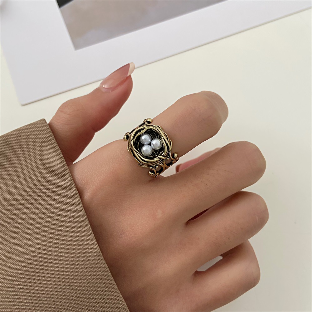 Vintage Style Geometric Copper Plating Artificial Pearls Open Ring display picture 7