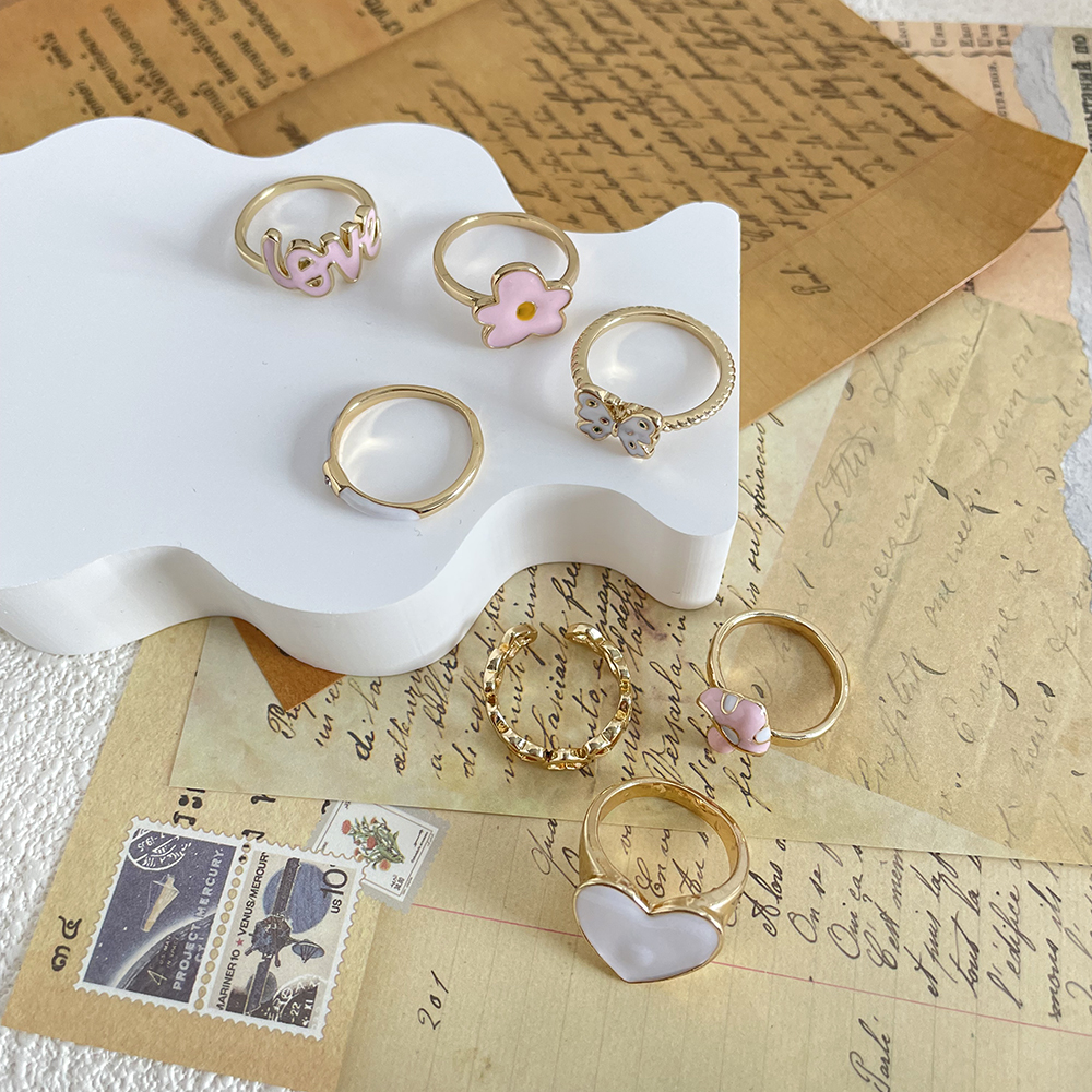 7 Pieces Sweet Letter Heart Shape Flower Alloy Enamel Inlay Rhinestones Women's Rings display picture 5