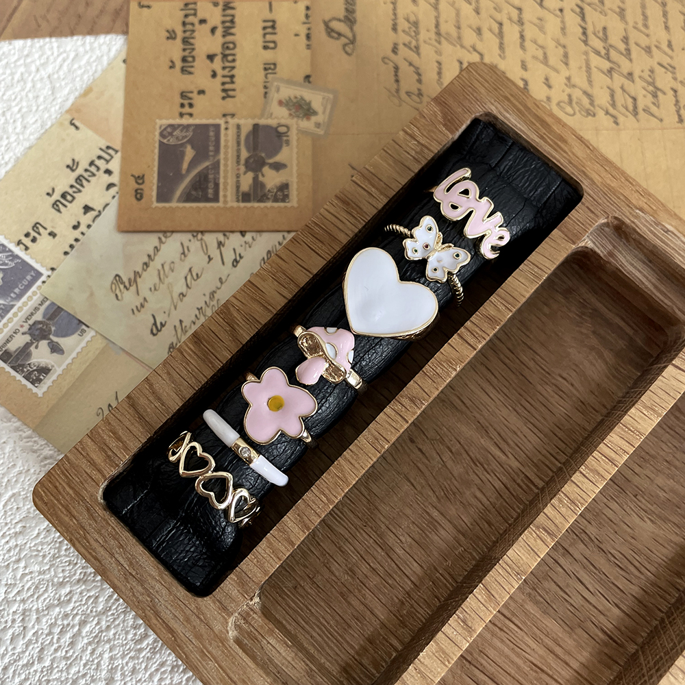 7 Pieces Sweet Letter Heart Shape Flower Alloy Enamel Inlay Rhinestones Women's Rings display picture 3