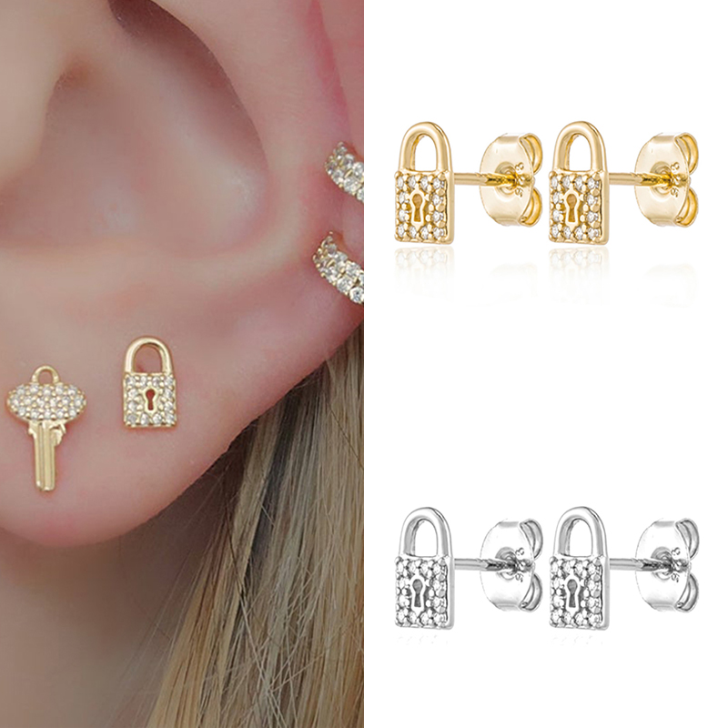 1 Pair Ins Style Lock Copper Inlay Zircon Ear Studs display picture 5