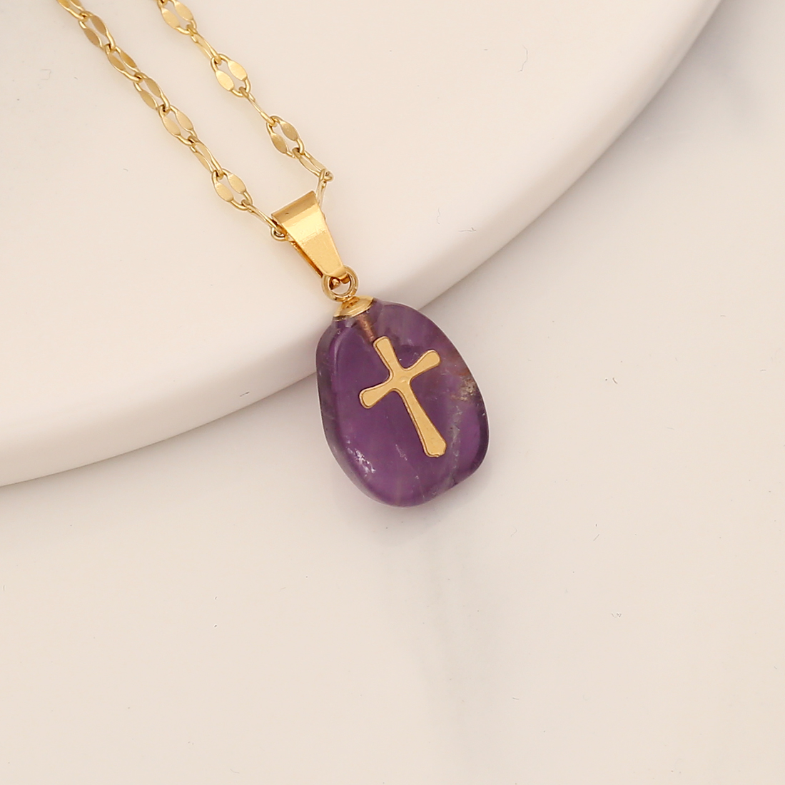 1 Piece Fashion Cross Stainless Steel Natural Stone Pendant Necklace display picture 3