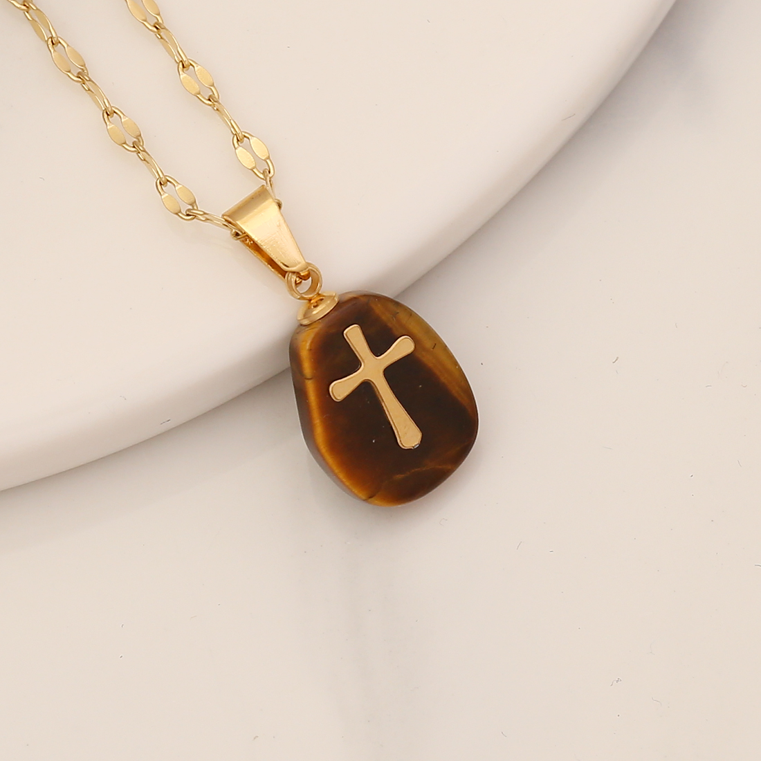 1 Piece Fashion Cross Stainless Steel Natural Stone Pendant Necklace display picture 9