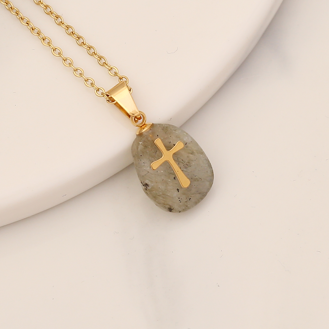 1 Piece Fashion Cross Stainless Steel Natural Stone Pendant Necklace display picture 7