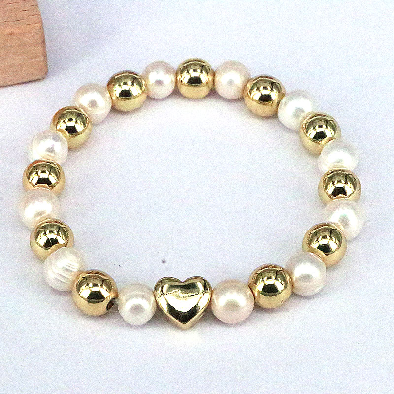 1 Piece Retro Geometric Heart Shape Freshwater Pearl Shell Copper Bracelets display picture 5