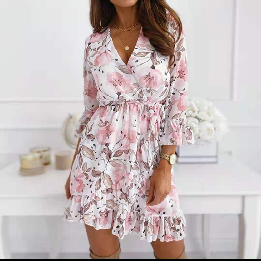 Women's Ruffled Skirt Elegant V Neck Nine Points Sleeve Flower Above Knee Holiday Date display picture 2