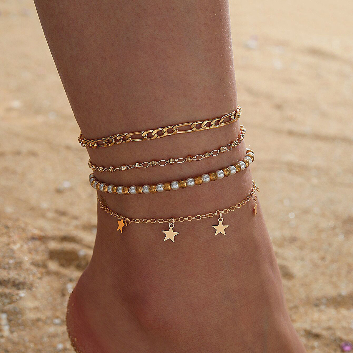 4 Pieces Vacation Star Alloy Beaded Buckle Chain Women's Anklet display picture 5