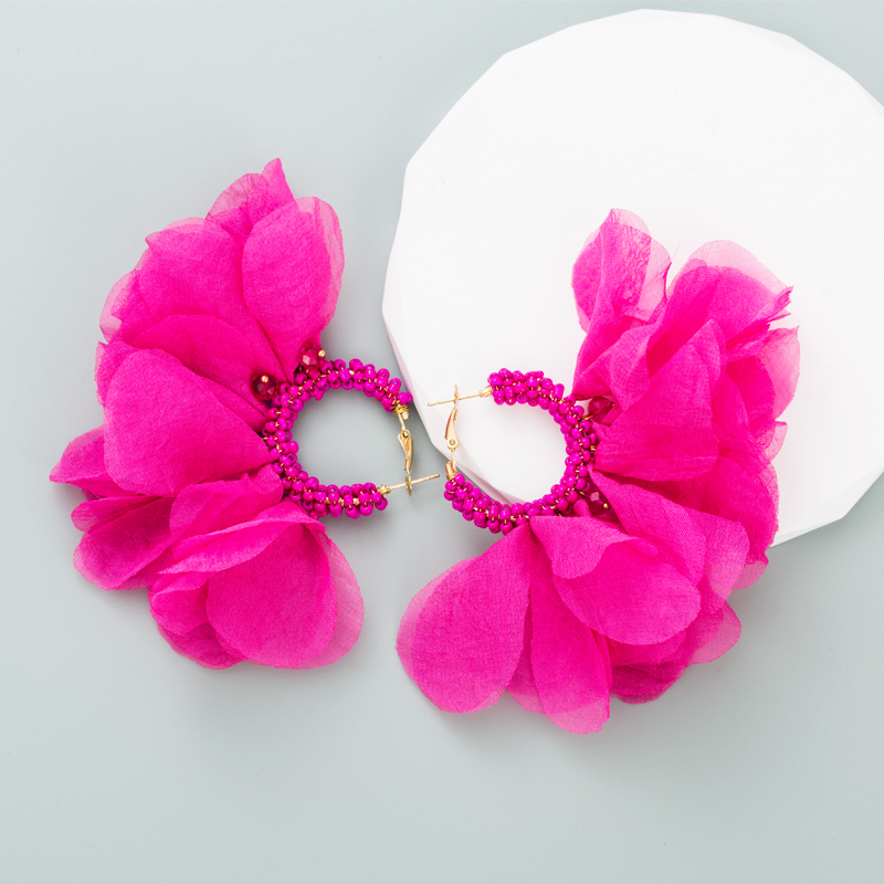 1 Pair Ethnic Style Flower Chiffon Pleated Inlay Beads Women's Earrings display picture 4