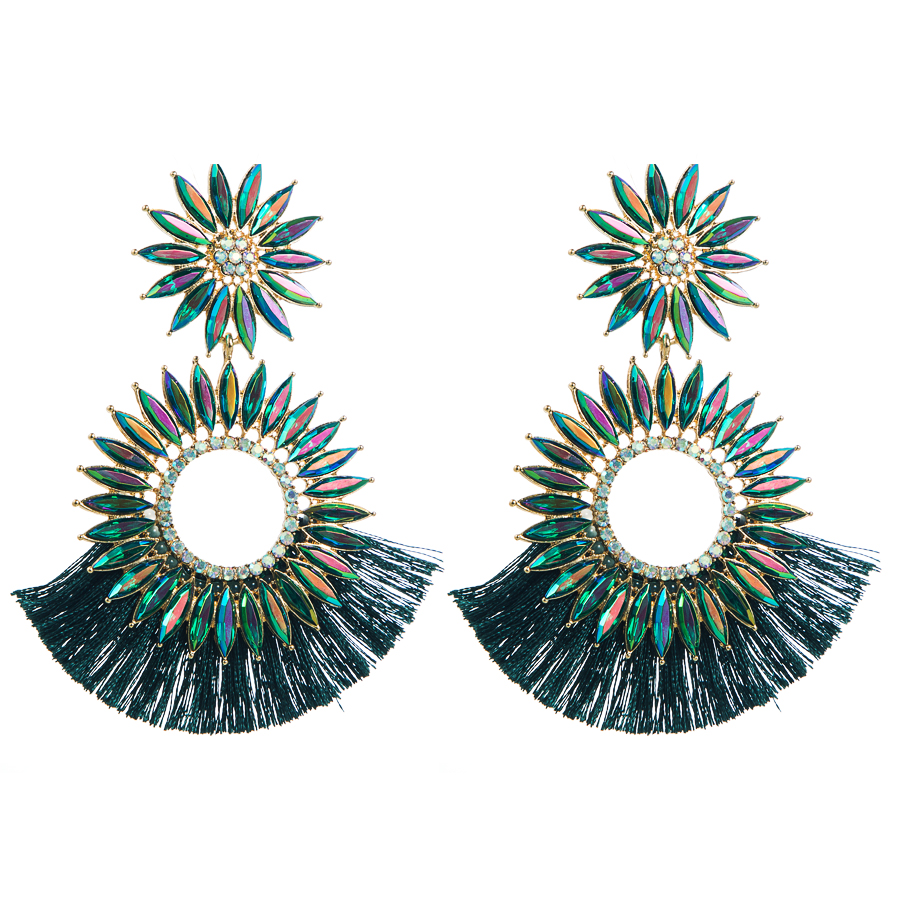 1 Pair Ethnic Style Round Alloy Tassel Rhinestones Glass Women's Chandelier Earrings display picture 7