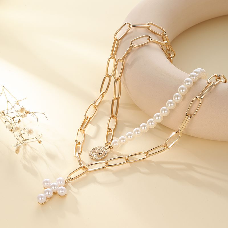 Elegant Simple Style Classic Style Cross Imitation Pearl Alloy Women's Layered Necklaces display picture 5