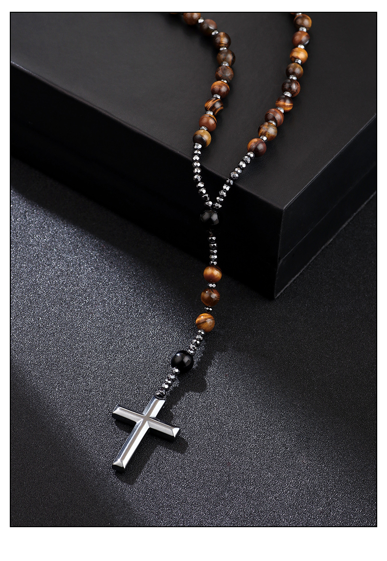 1 Piece Fashion Cross Stone Tiger Eye Obsidian Beaded Unisex Sweater Chain display picture 1