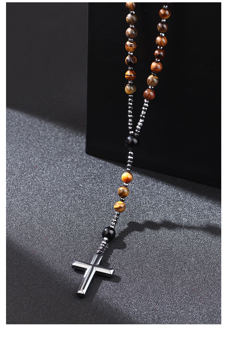 1 Piece Fashion Cross Stone Tiger Eye Obsidian Beaded Unisex Sweater Chain display picture 2