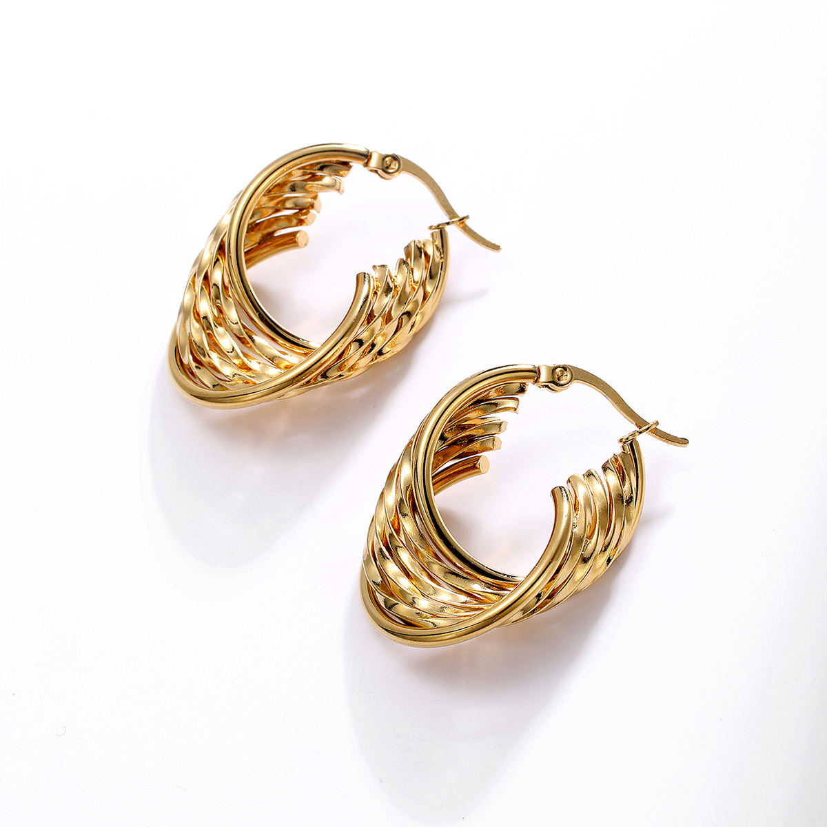 1 Pair Fashion U Shape Asymmetrical Plating Frill Stainless Steel 18k Gold Plated Hoop Earrings display picture 3