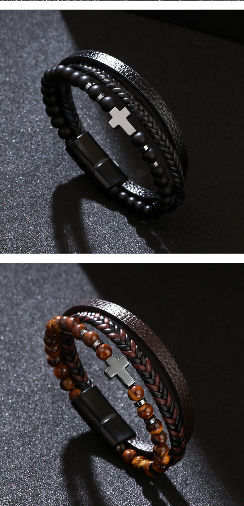 Classical Cross Alloy Tiger Eye Obsidian Knitting Men's Bangle display picture 2