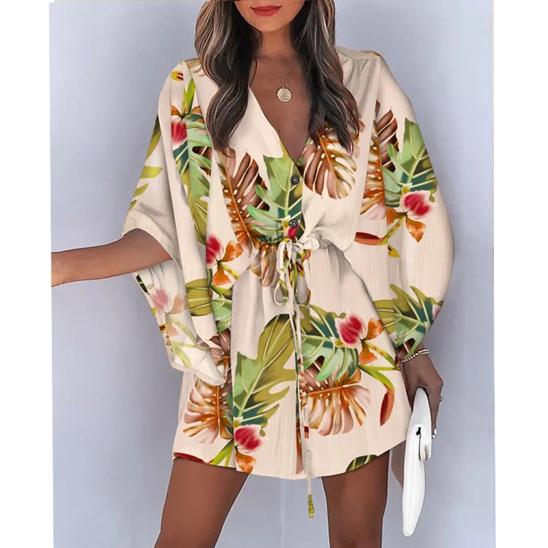 Women's Bat Dress Sexy V Neck 3/4 Length Sleeve Flower Above Knee Holiday display picture 2