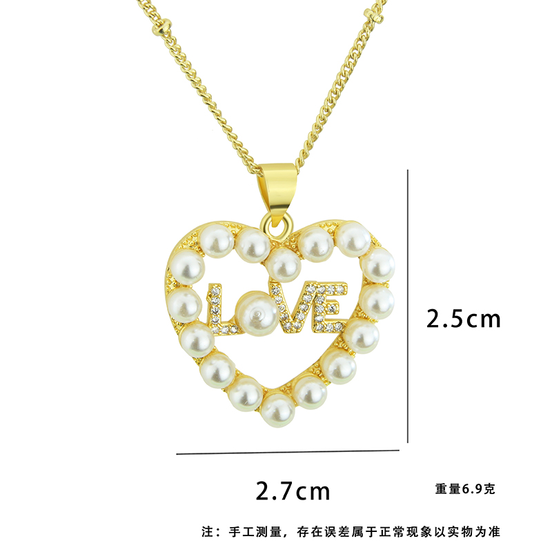 Fashion Love Heart Shape Copper Plating Pearl Zircon 18k Gold Plated Pendant Necklace display picture 4