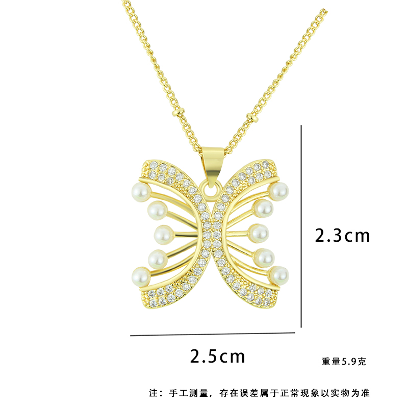 Sweet Butterfly Copper Plating Pearl Zircon 18k Gold Plated Pendant Necklace display picture 4