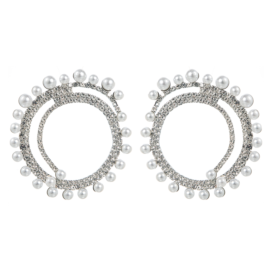 Bijoux En Gros 1 Paire Glamour Rond Alliage Strass Perle Plaqué Argent Boucles D'oreilles display picture 6