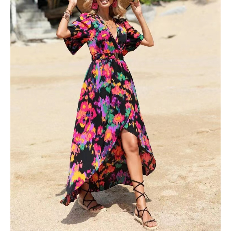 Women's Regular Dress Elegant V Neck Printing Short Sleeve Flower Maxi Long Dress Holiday display picture 4